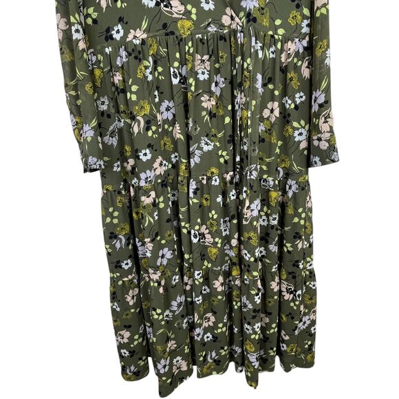 Madewell Floral Cinch-Waist Tiered Midi Dress Sz M Olive Green Wildblooms - Picture 7 of 12